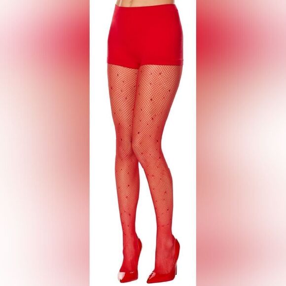 🔸️NWT Red w/Hearts Fishnet Tights Small/Medium - Picture 1 of 5
